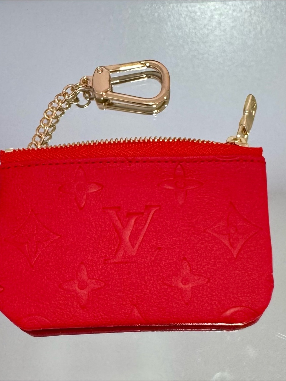 New Red Embossed Monogram Key Pouch with Gold Hardware - Picture 2 of 4